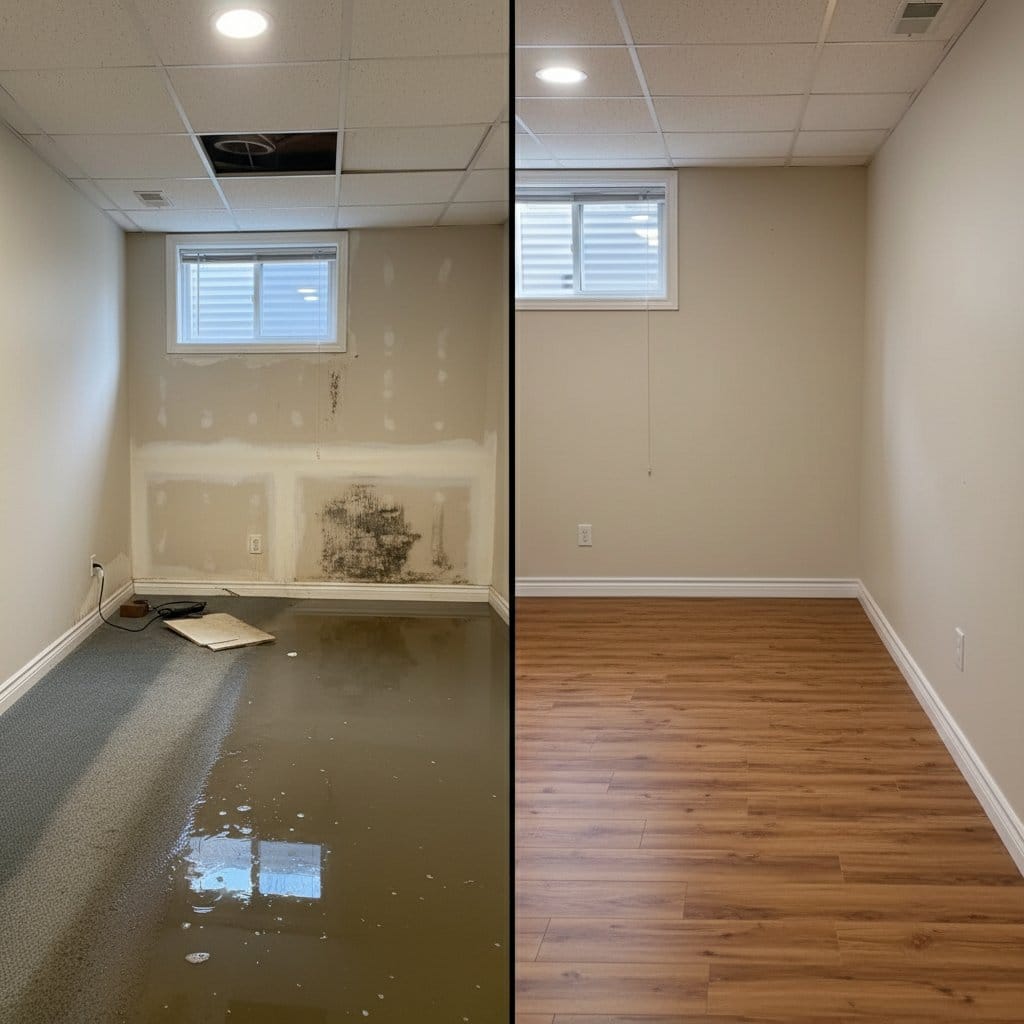 Water Damage Restoration before and after in residential basement, Woodcliff Lake NJ
