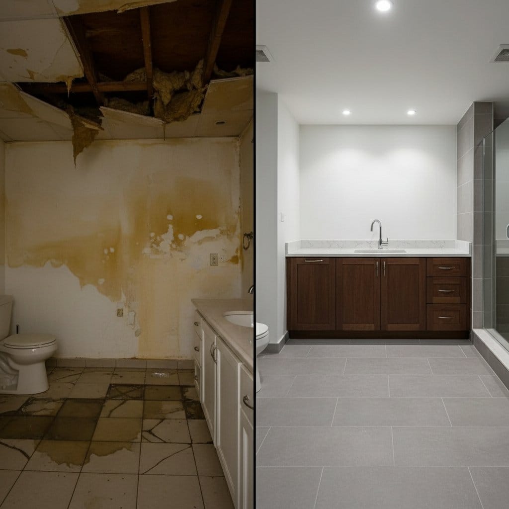 Before and after water damage restoration in Woodcliff Lake split-level home bathroom