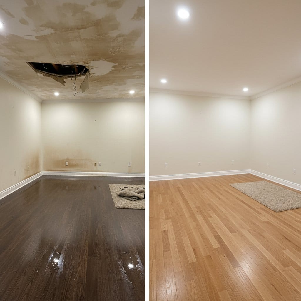 Before and after emergency water removal in Woodcliff Lake two-story residence bedroom