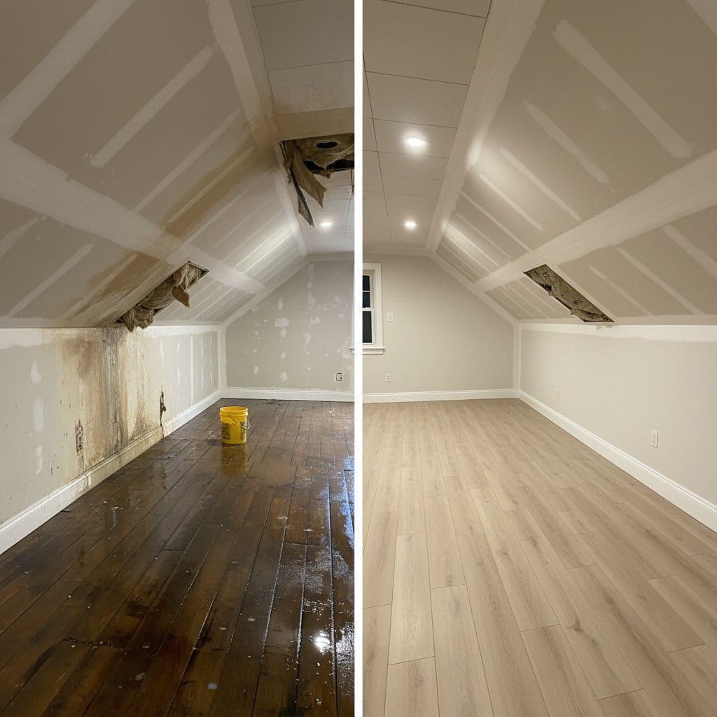 Before and after basement flood cleanup in Woodcliff Lake commercial property attic space