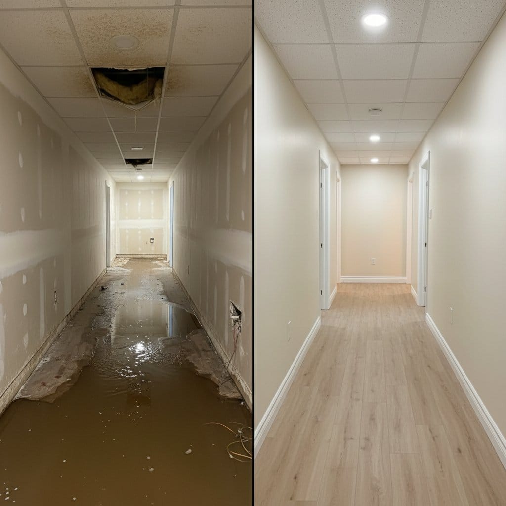 Burst Pipe & Plumbing Leak Damage before and after in hallway, Woodcliff Lake NJ