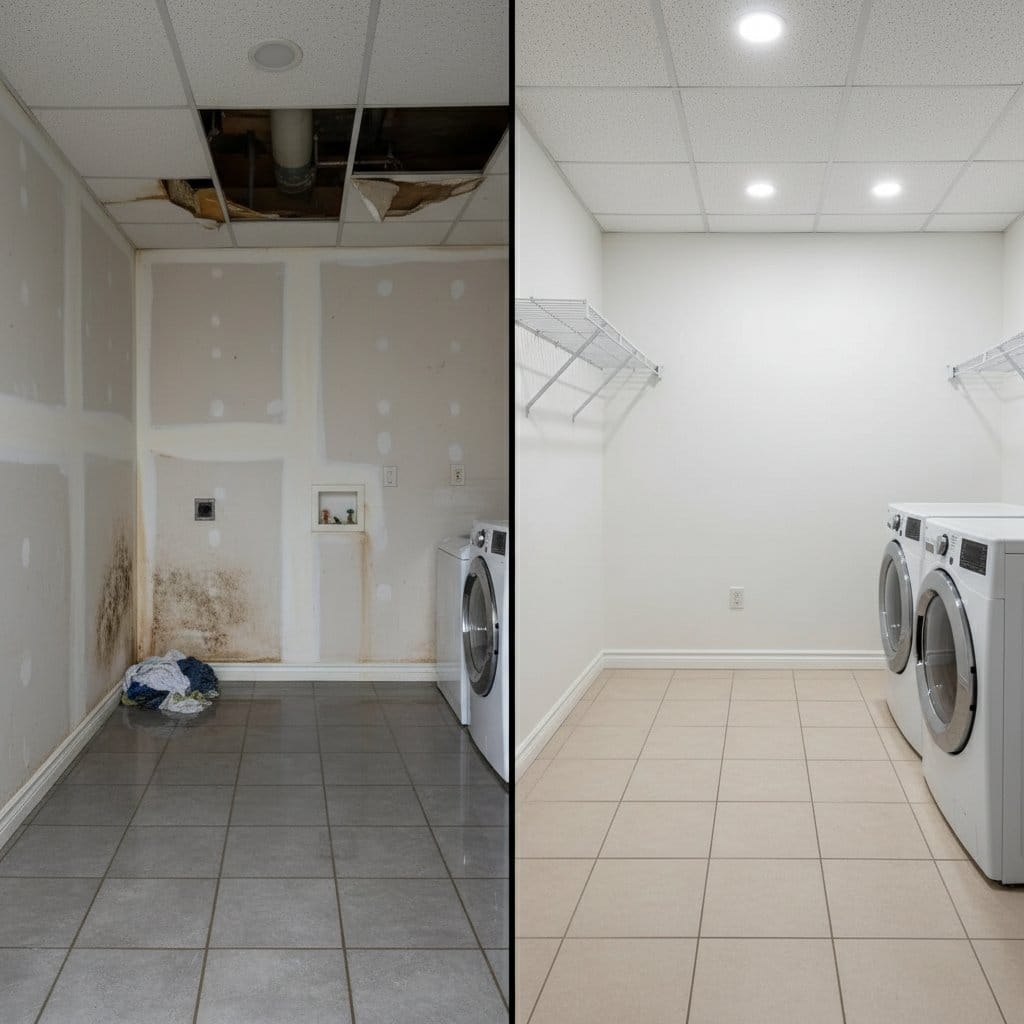 Burst Pipe & Plumbing Leak Damage restoration — laundry room of contemporary home in Woodcliff Lake, NJ