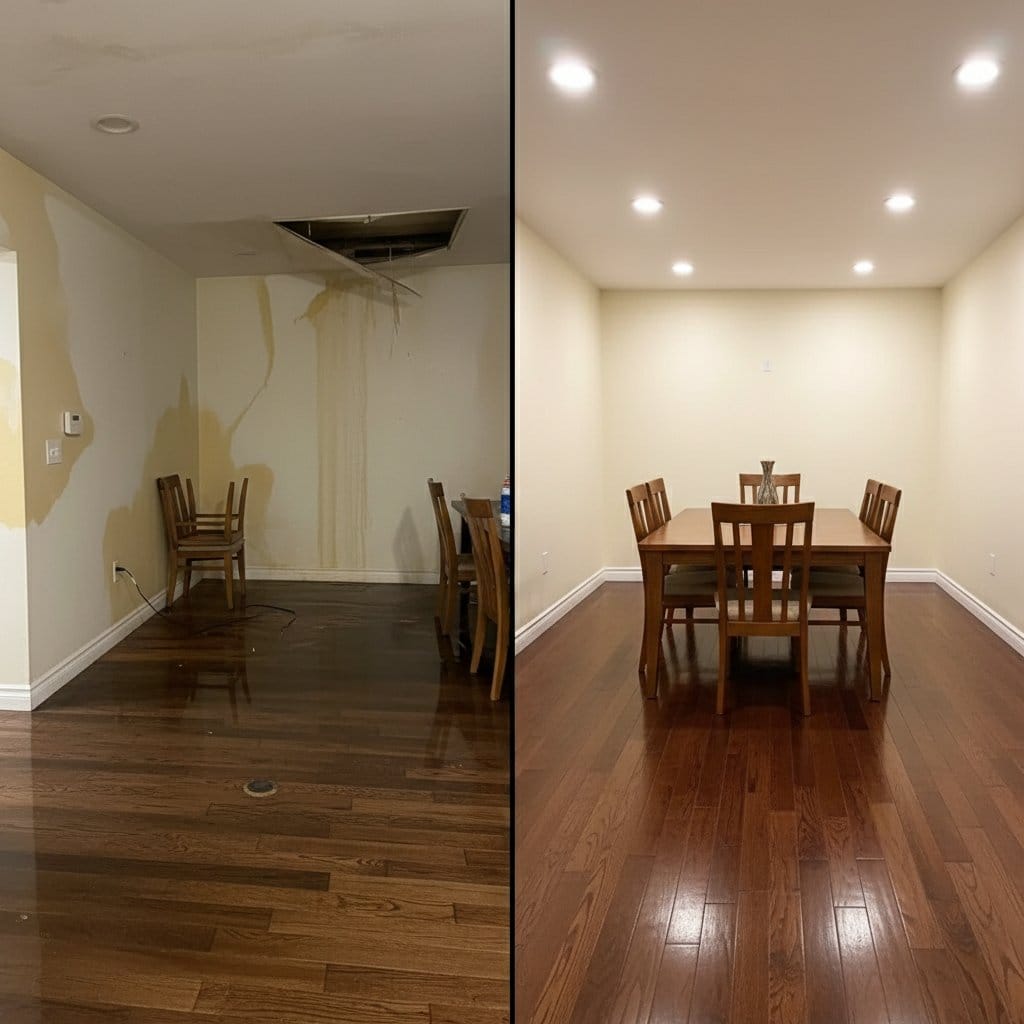 Before and after burst pipe & plumbing leak damage in Woodcliff Lake bungalow dining room
