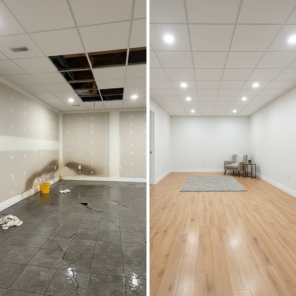 Sewage Backup Cleanup before and after in residential basement, Woodcliff Lake NJ