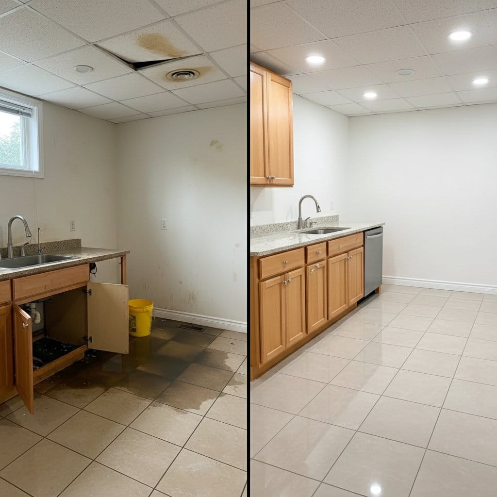 Sewage Backup Cleanup restoration โ home kitchen of two-story residence in Woodcliff Lake, NJ