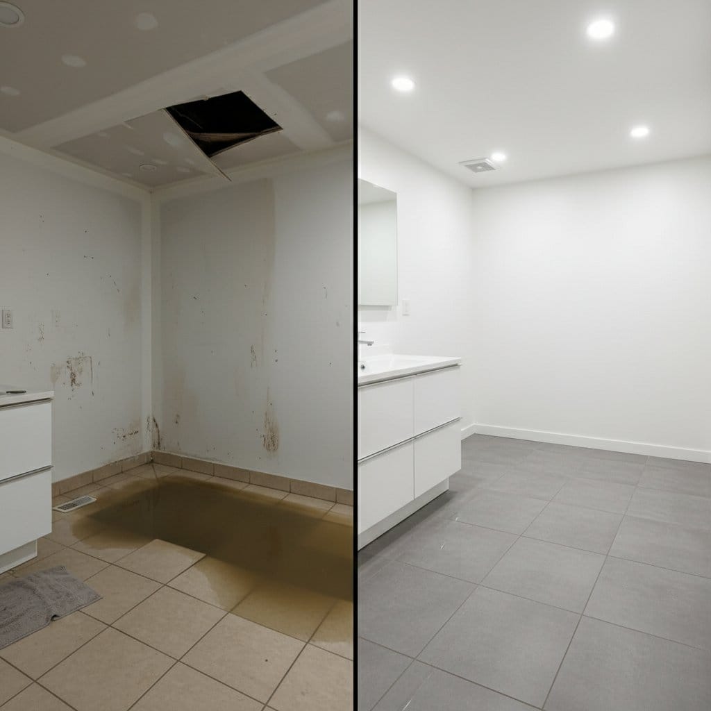 Before and after sewage backup cleanup in Woodcliff Lake private residence bathroom