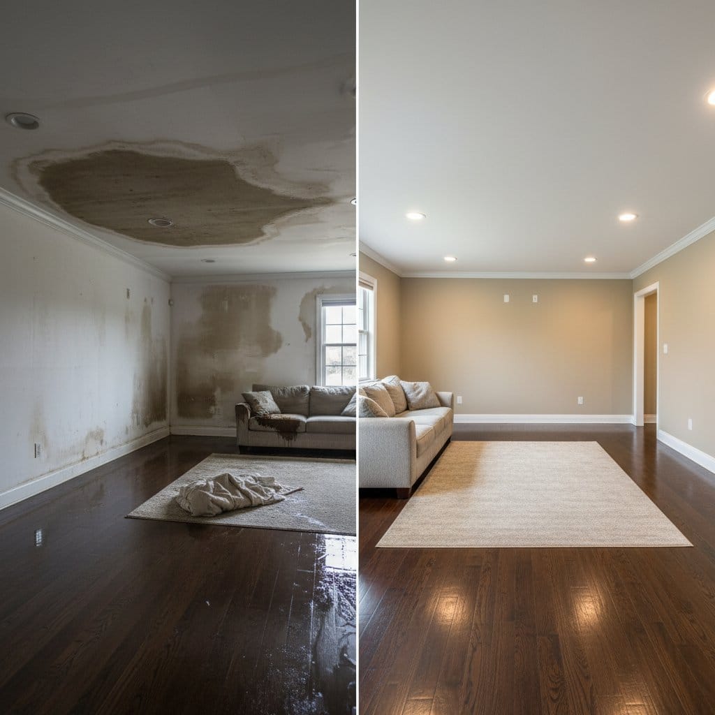 Structural Drying & Dehumidification before and after in living room, Woodcliff Lake NJ