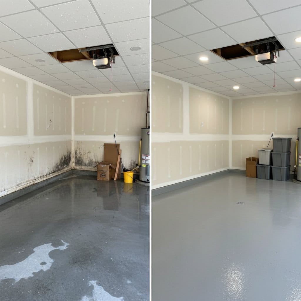 Carpet & Flooring Water Damage Cleanup before and after in garage, Woodcliff Lake NJ