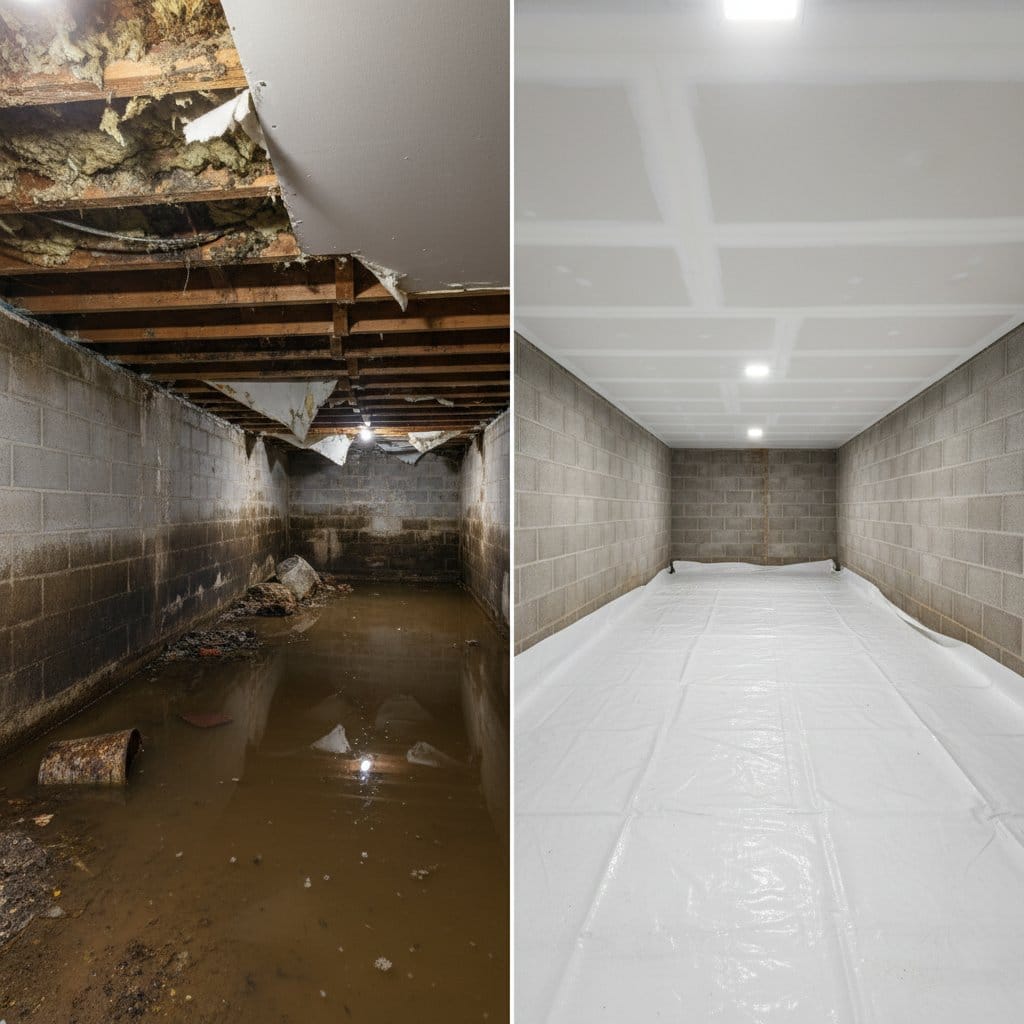 Carpet & Flooring Water Damage Cleanup restoration โ crawl space of bungalow in Woodcliff Lake, NJ
