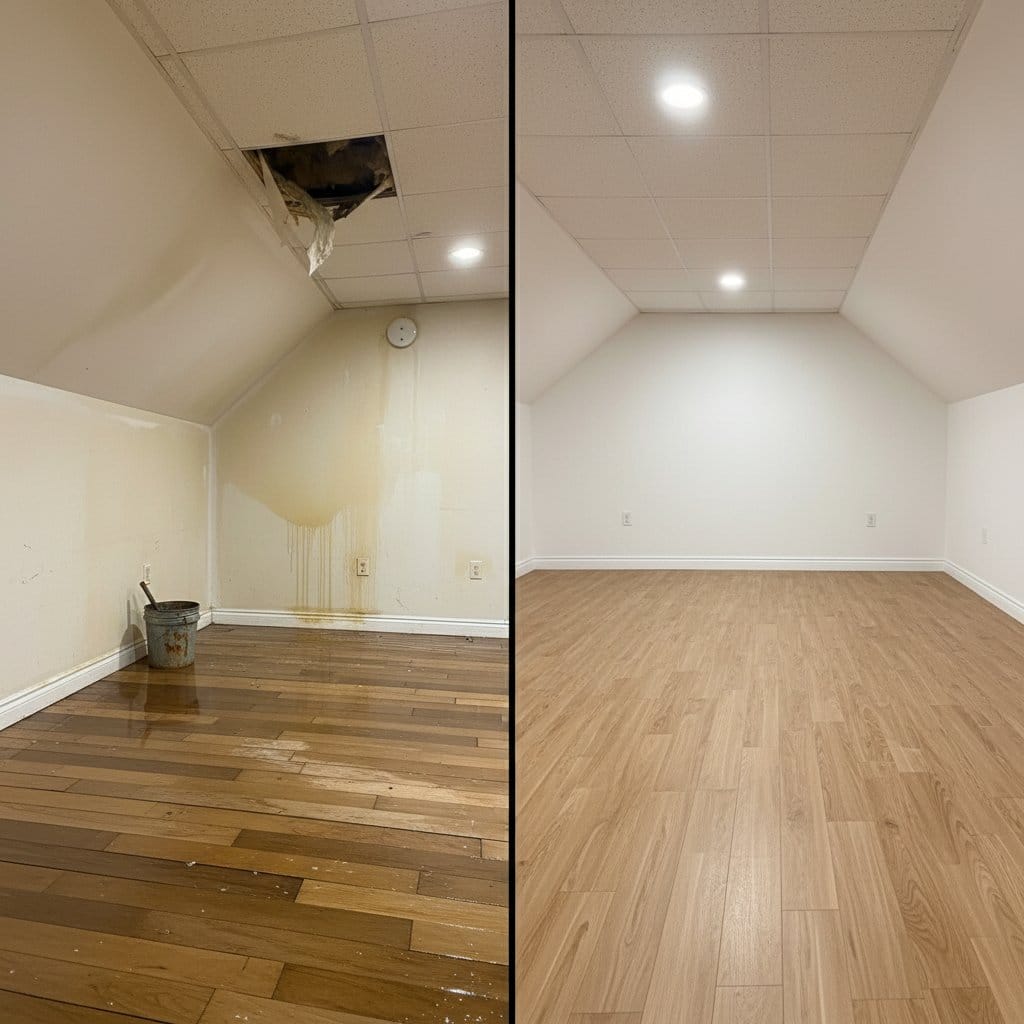 Before and after carpet & flooring water damage cleanup in Woodcliff Lake single-family home attic space