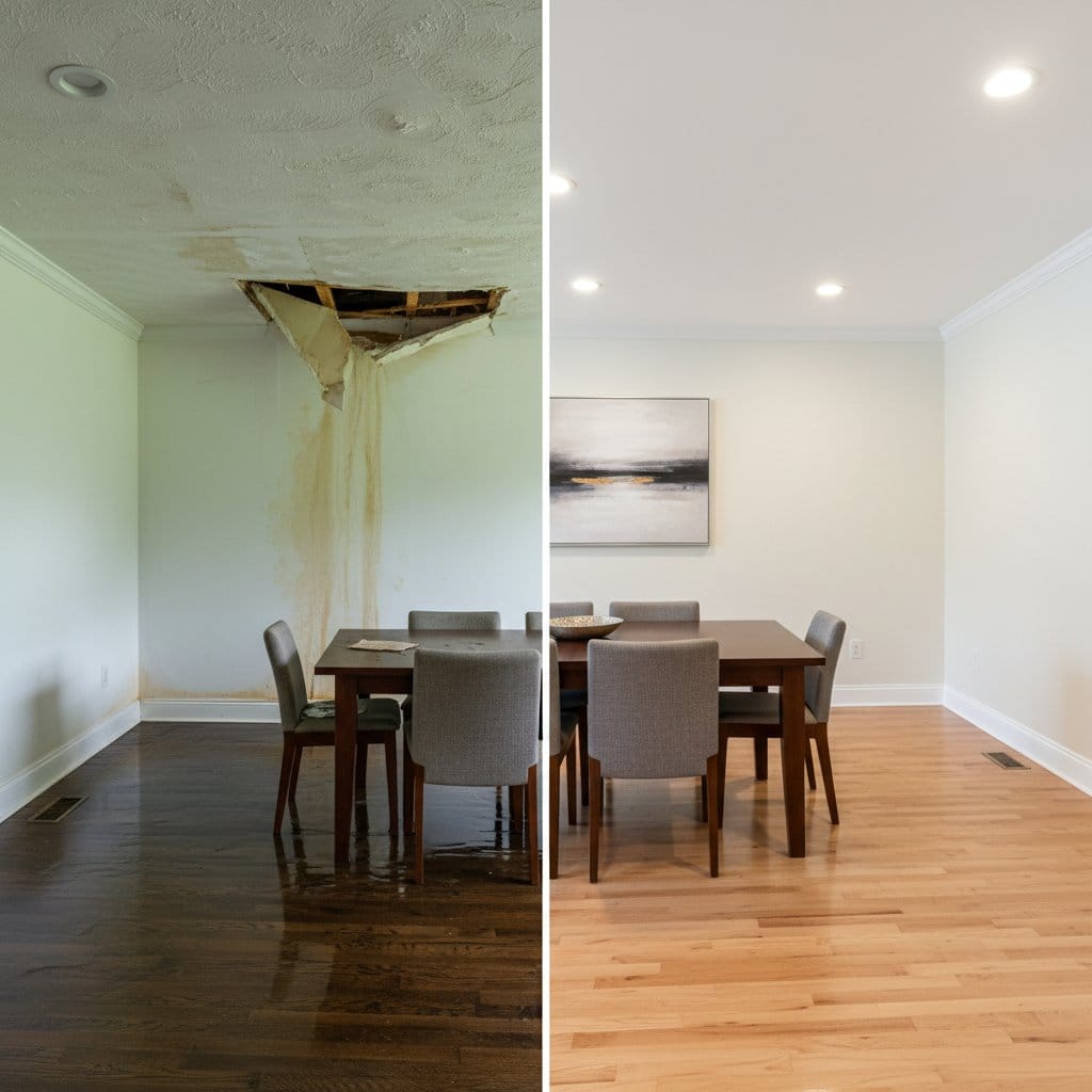 Before and after wall & ceiling dry-out in Woodcliff Lake ranch-style home dining room