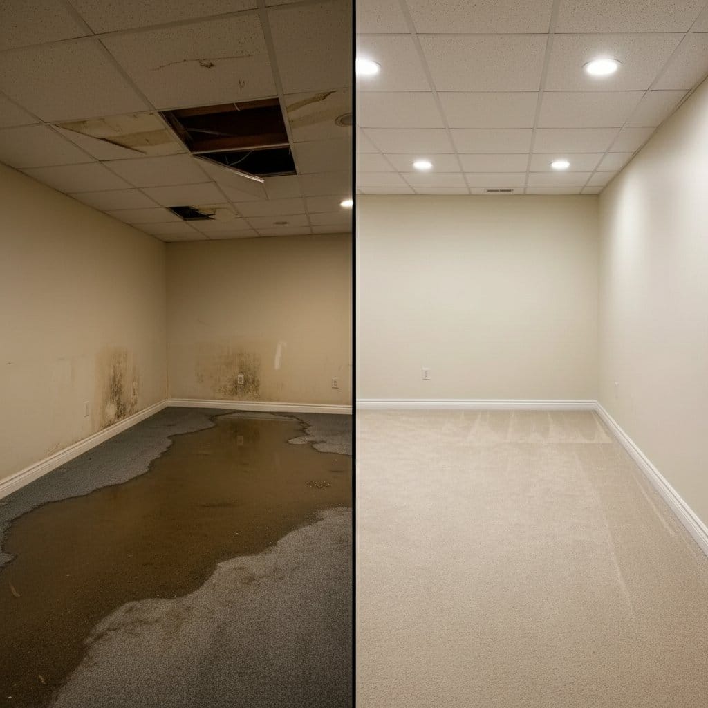 Content Drying & Property Cleanup before and after in finished basement, Woodcliff Lake NJ