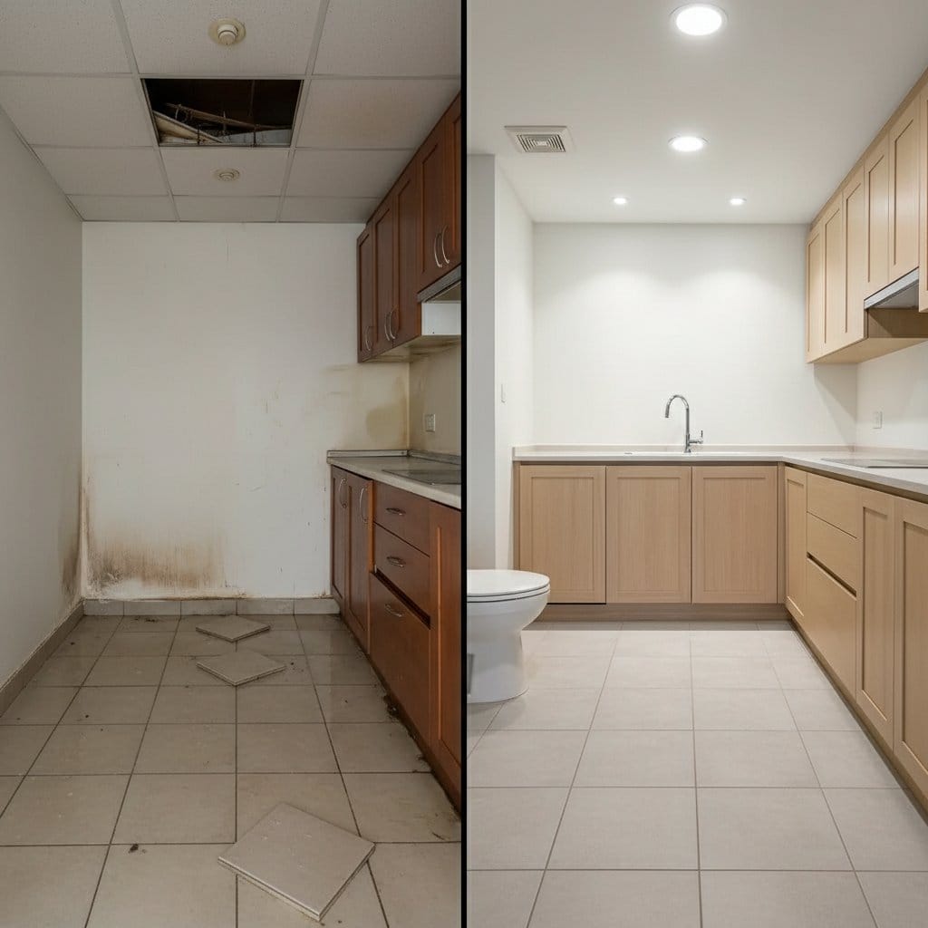 Before and after mold prevention after water damage in Woodcliff Lake Victorian home bathroom